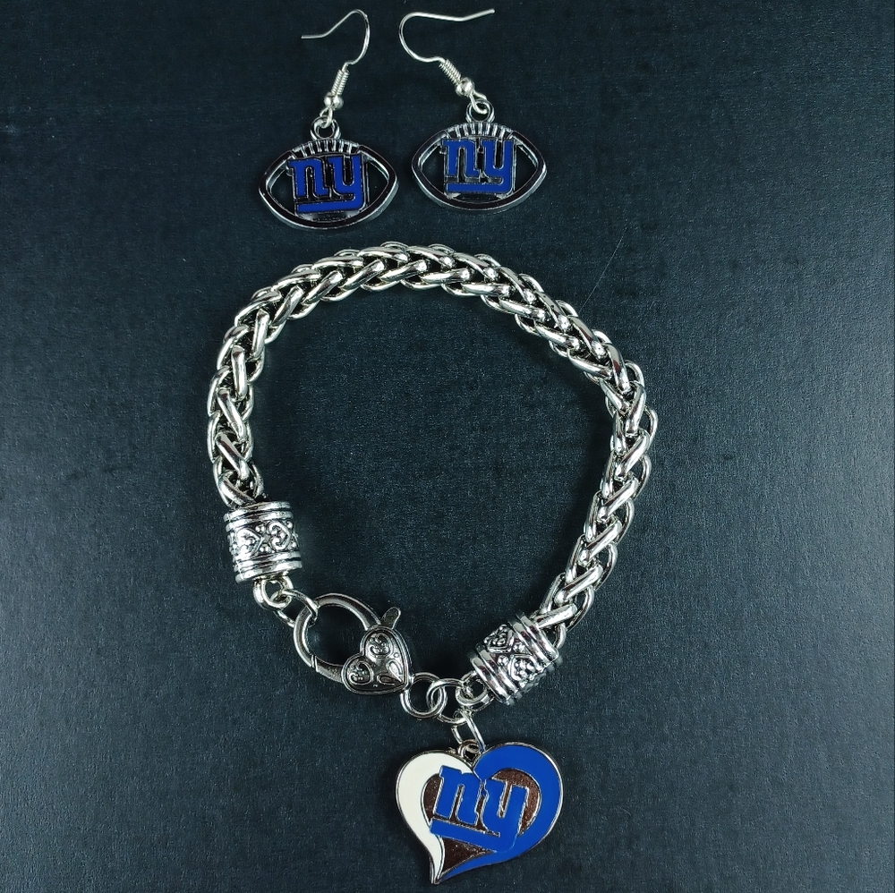 New York Giants Earrings Charm Bracelet Bundle Football Fan Jewelry NY